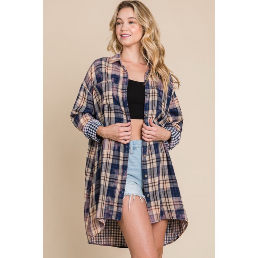 NEW! Cotton Soft Blue/Purple Plaid - Tie Dye Button Down Shirt Dress or Cardigan - Picture 7 of 11